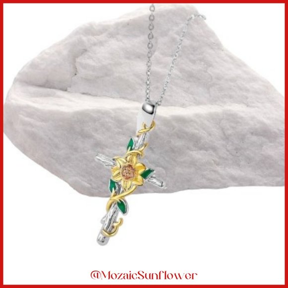 NEW Silver Cross With Sunflower & Amber Crystal Center Necklace - Picture 4 of 4